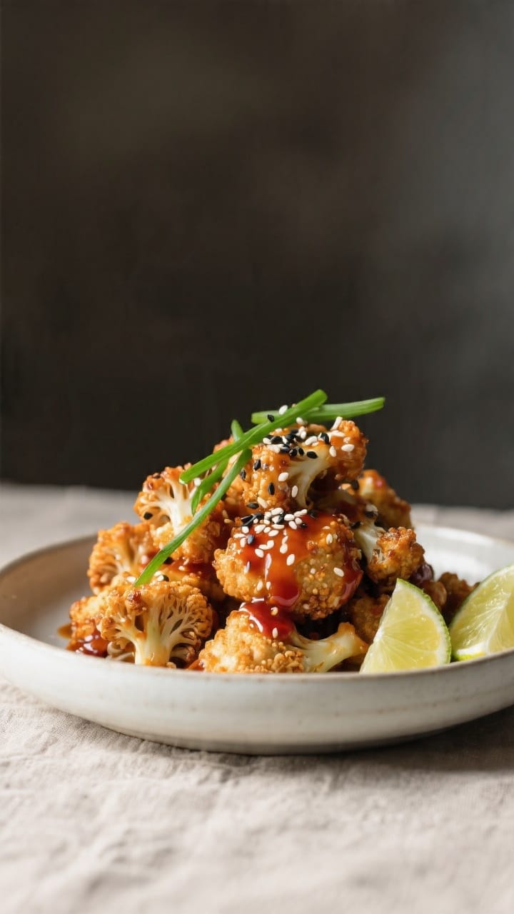 Final dish presentation: Beautifully plated vegan Crispy Baked Cauliflower Bites tossed in sweet chili sauce