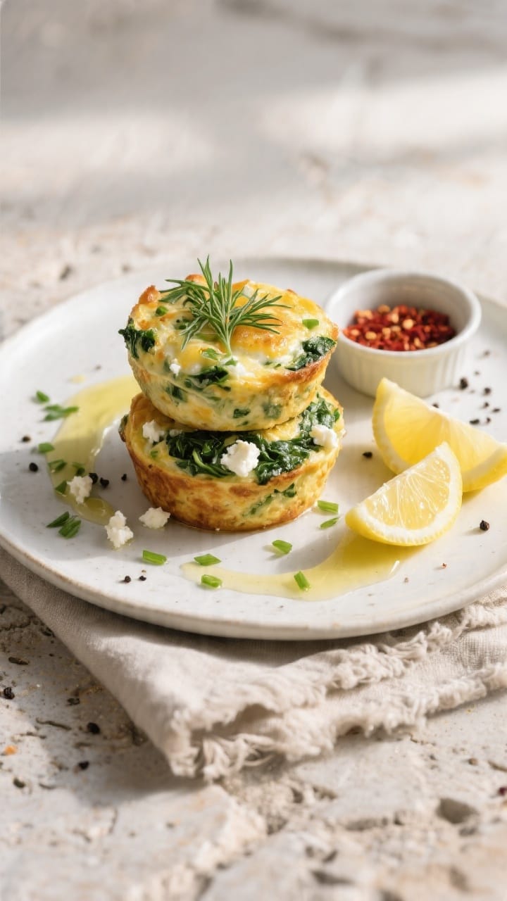 Final dish presentation: Beautifully plated Vegetarian Spinach and Feta Egg Muffins stacked on a mat