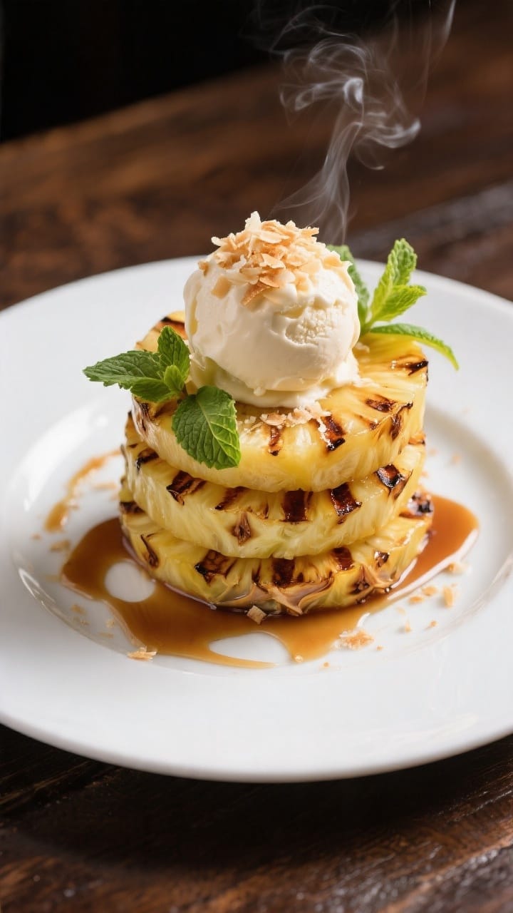 Final dish presentation: Restaurant-quality dessert plate featuring stacked grilled pineapple spears