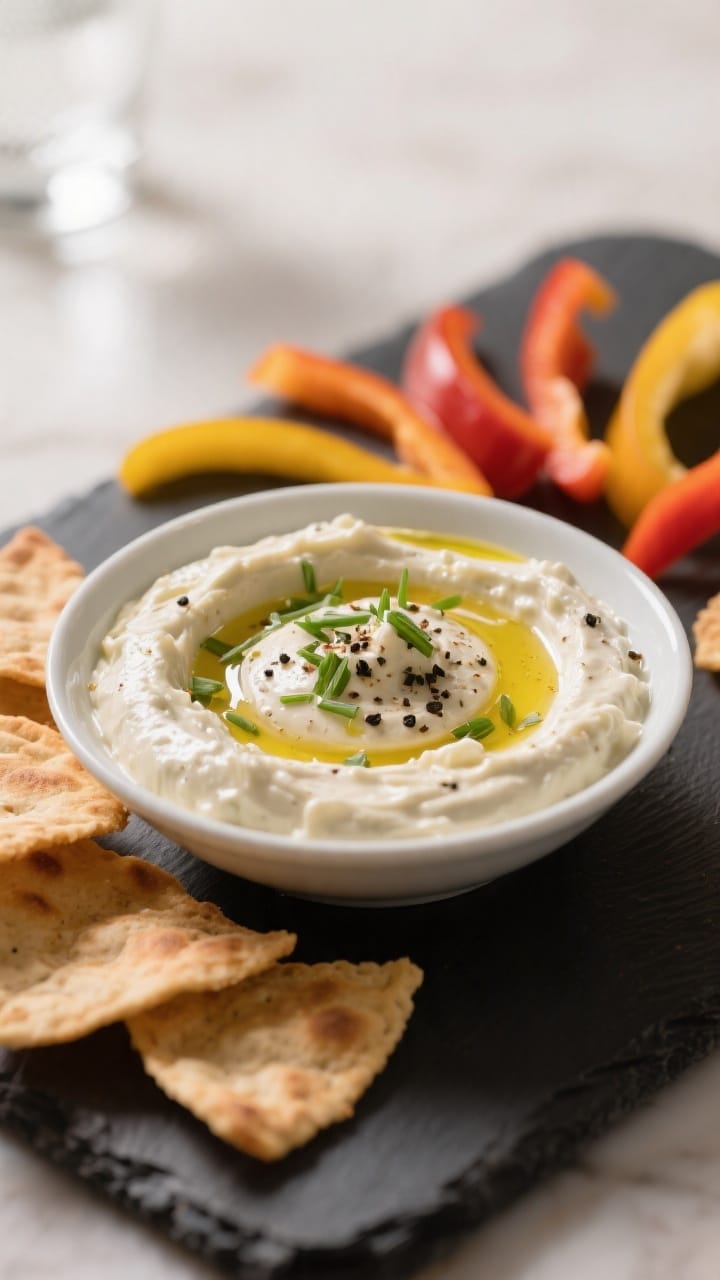 Final dish presentation: Restaurant-quality hero shot at a slight angle of the chilled dip with a dr
