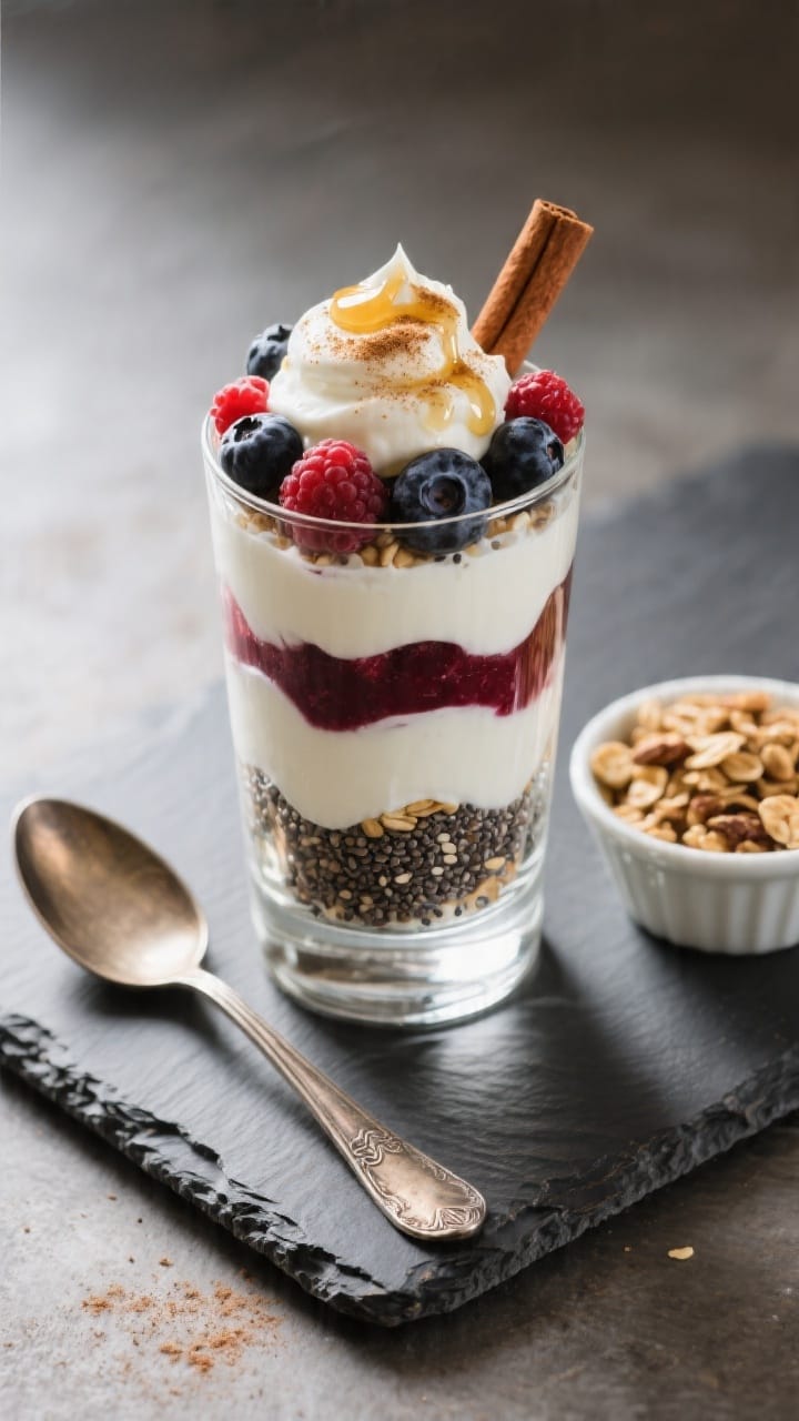 Final dish presentation: Restaurant-quality parfait in a tall clear glass with precise repeating lay
