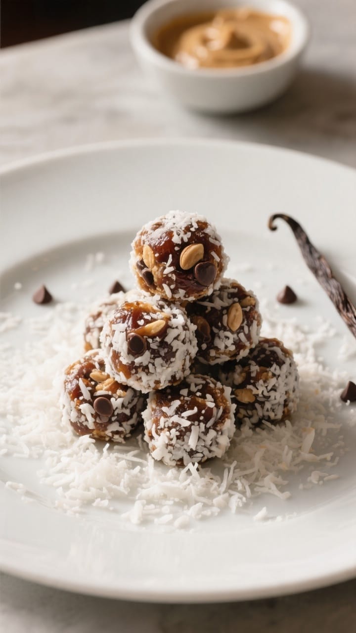 Final dish presentation: Restaurant-quality plate of coconut date energy bites stacked in a small py