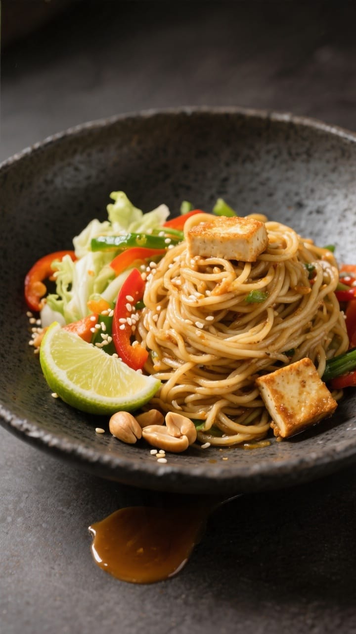 Final dish presentation: Restaurant-quality plated peanut noodle salad in a dark stoneware bowl to p