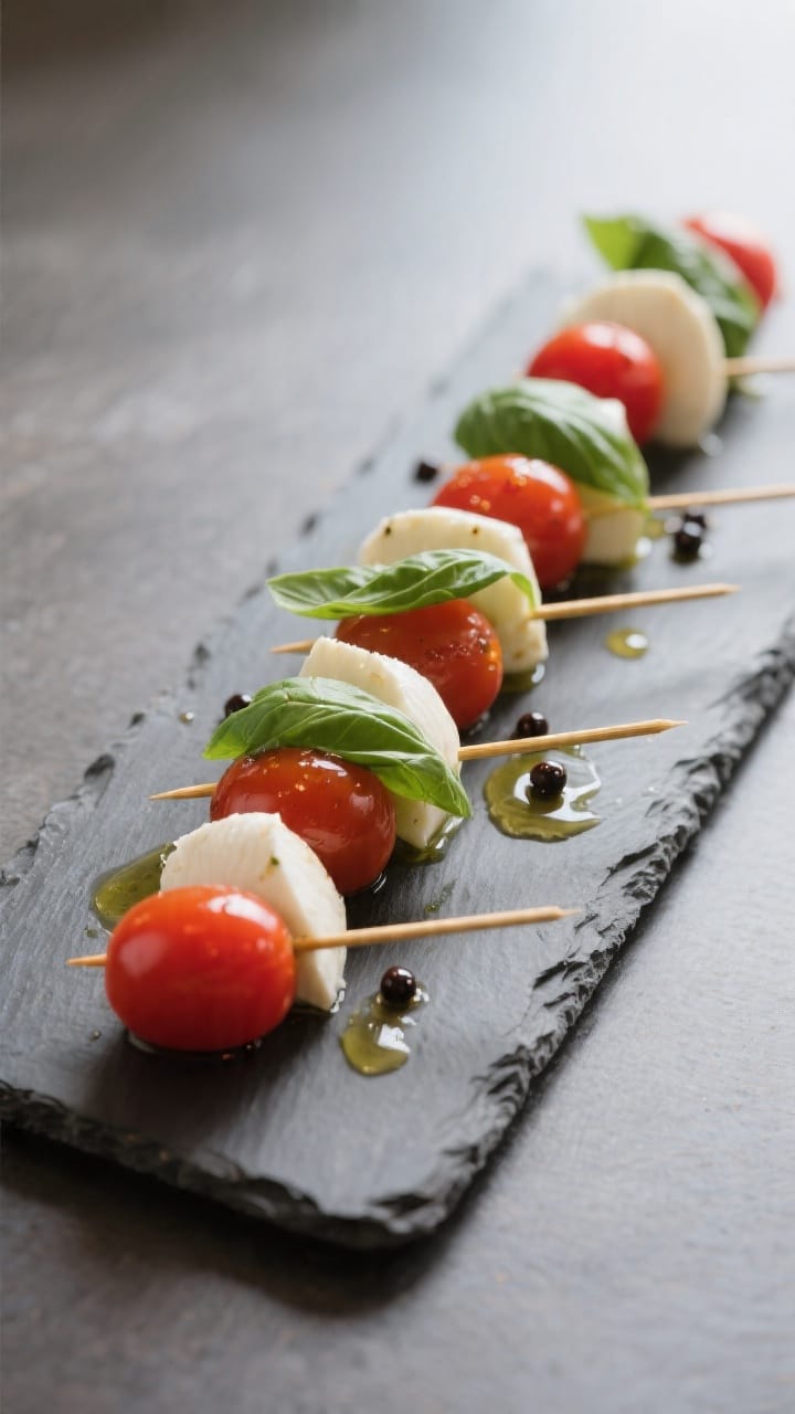 Final dish presentation: Restaurant-quality plating of Caprese skewers on a long rectangular slate, 