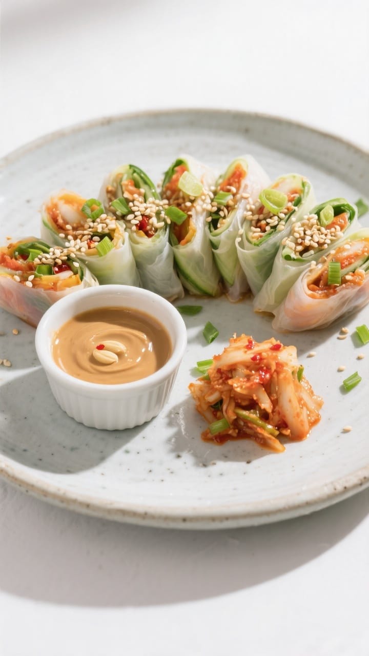 Final dish presentation: Restaurant-quality platter of finished kimchi summer rolls arranged in a ti