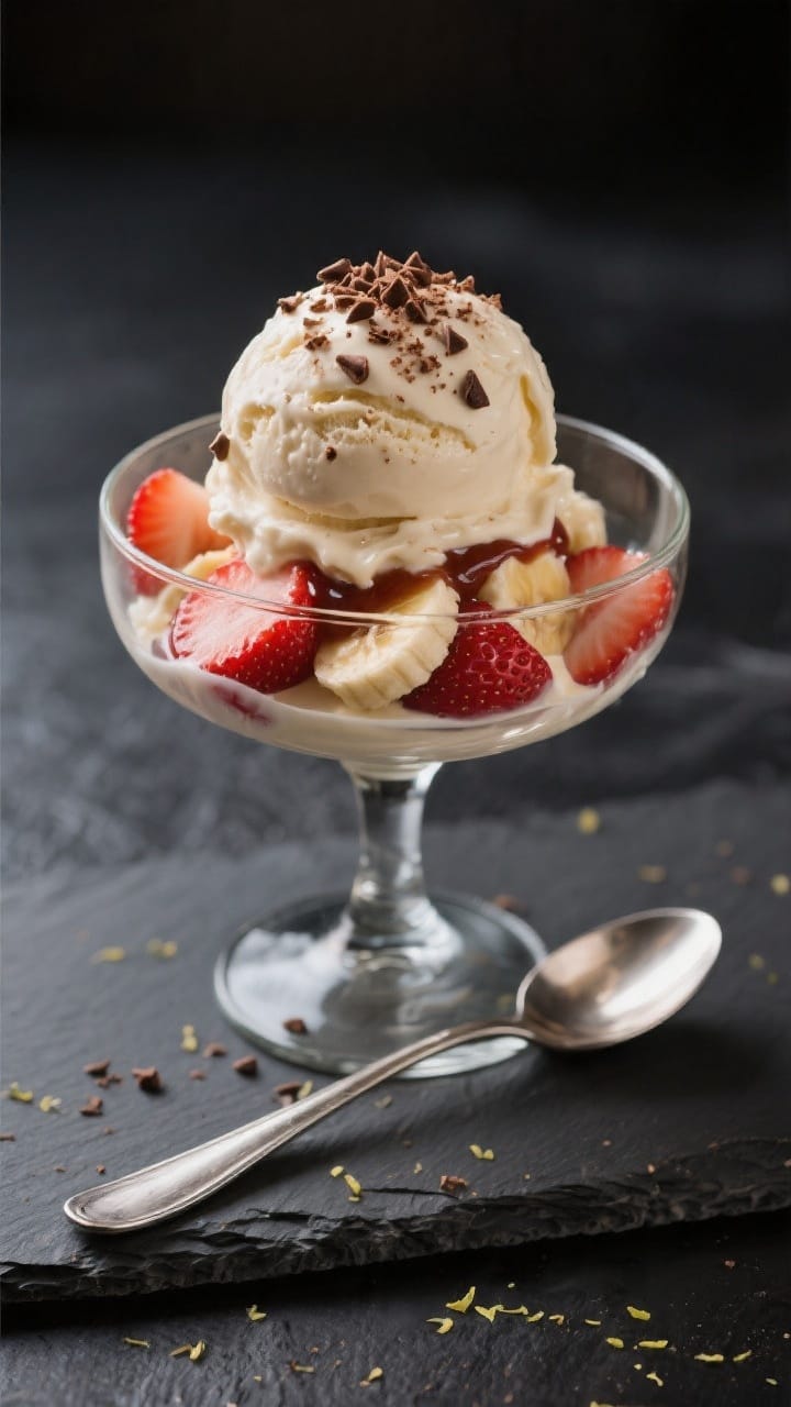 Final dish presentation: Restaurant-quality scoop of strawberry banana nice cream in a chilled coupe