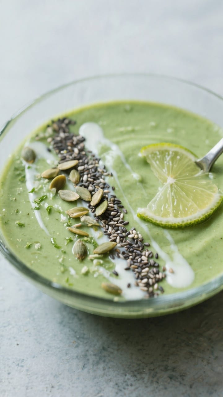 Final dish presentation: smoothie served spoon-thick in a low, clear bowl for a smoothie-bowl vibe,