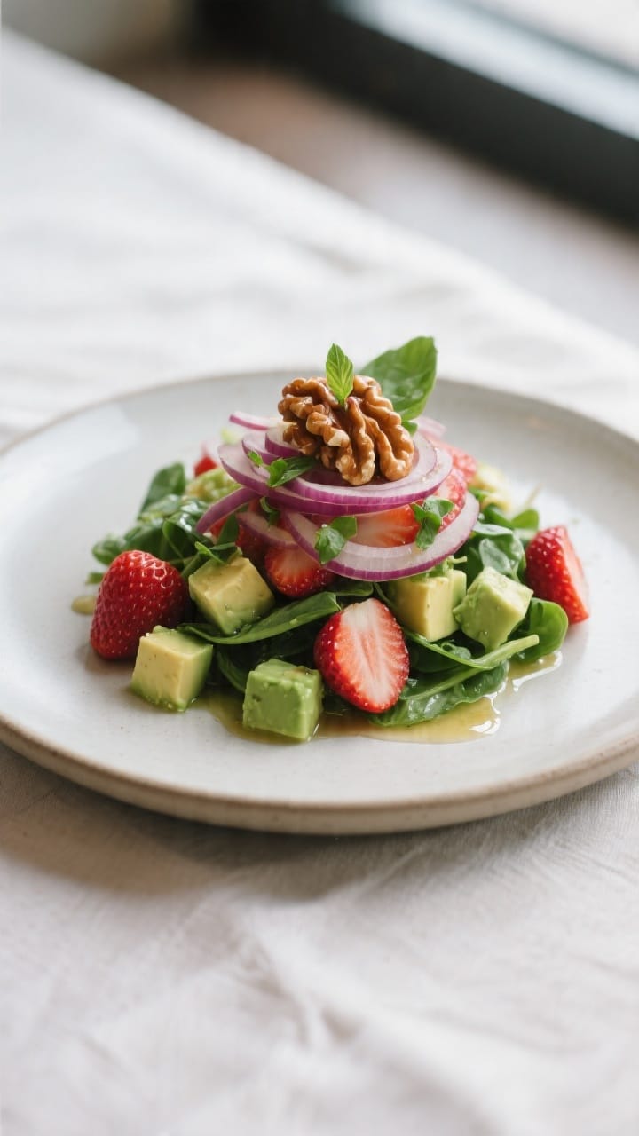 Final dish presentation: Three-quarter angle beauty shot of a single-serving plated salad, restauran
