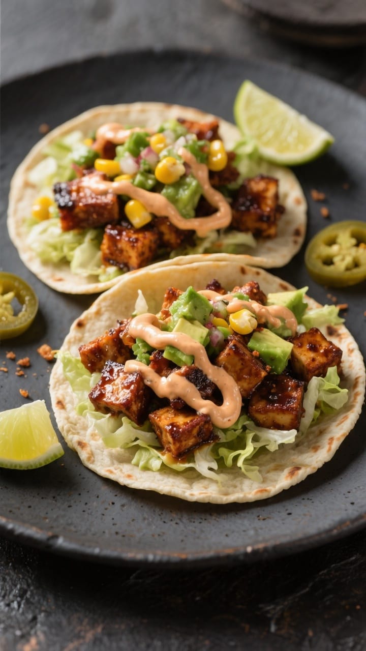 Final dish presentation: Two assembled BBQ tofu tacos on a dark ceramic plate—layer of crisp shred