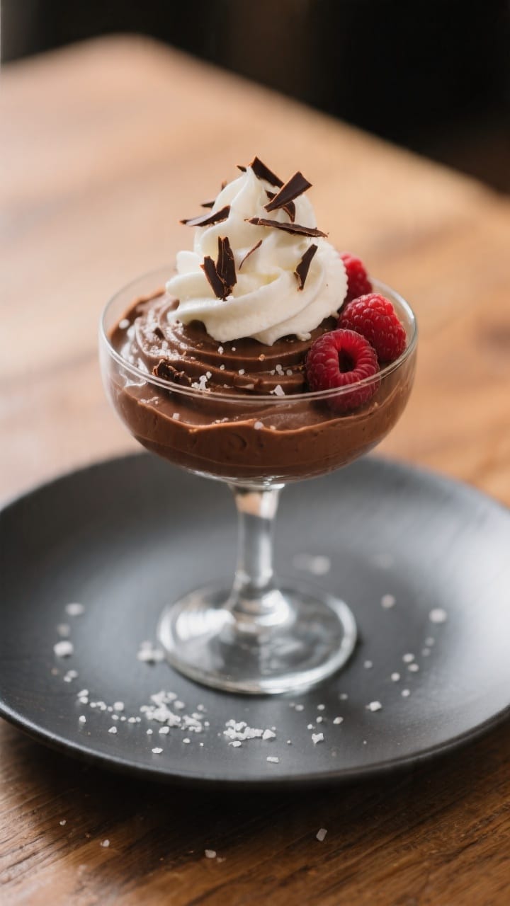 Final dish presentation (vegan topping): Beautifully plated chocolate avocado mousse in a clear coup