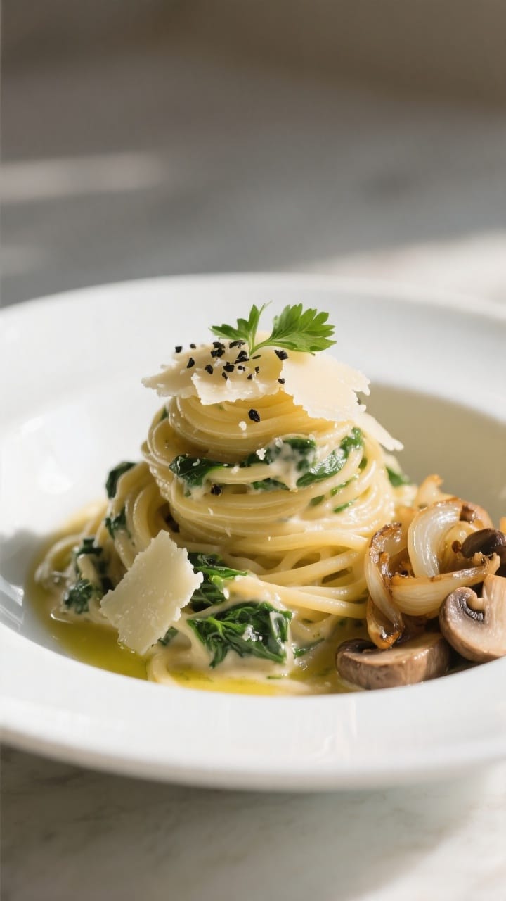 Final plated beauty: Restaurant-quality presentation of Vegetarian Creamy Mushroom and Spinach Pasta