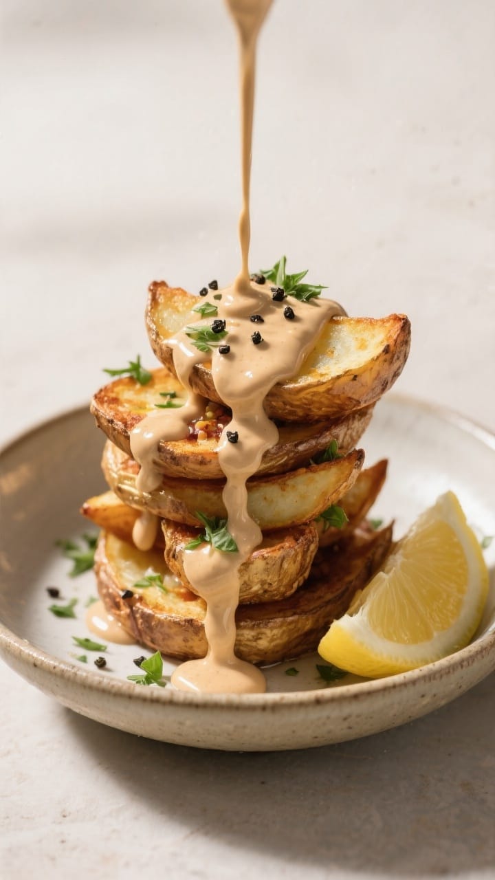Final plated dish: Restaurant-quality single serving of loaded Greek potato wedges in a shallow cera