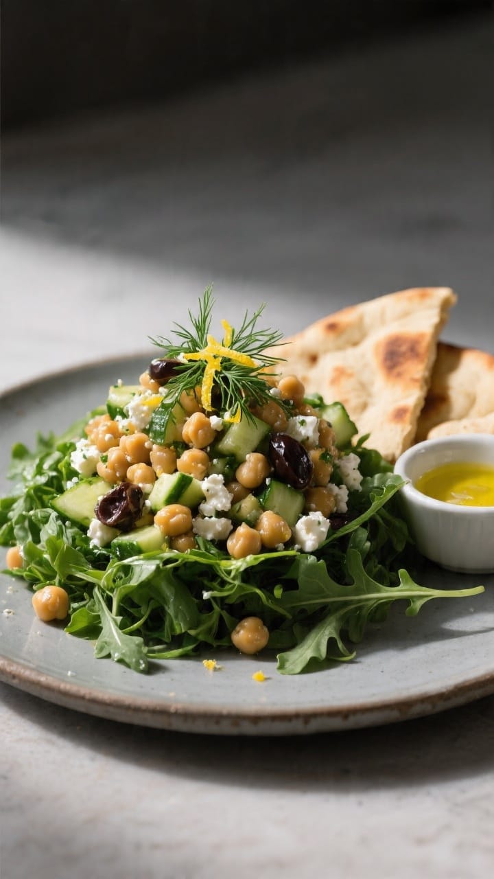 Final plated presentation: Restaurant-quality lunch bowl—hearty scoop of the chickpea-cucumber-fet