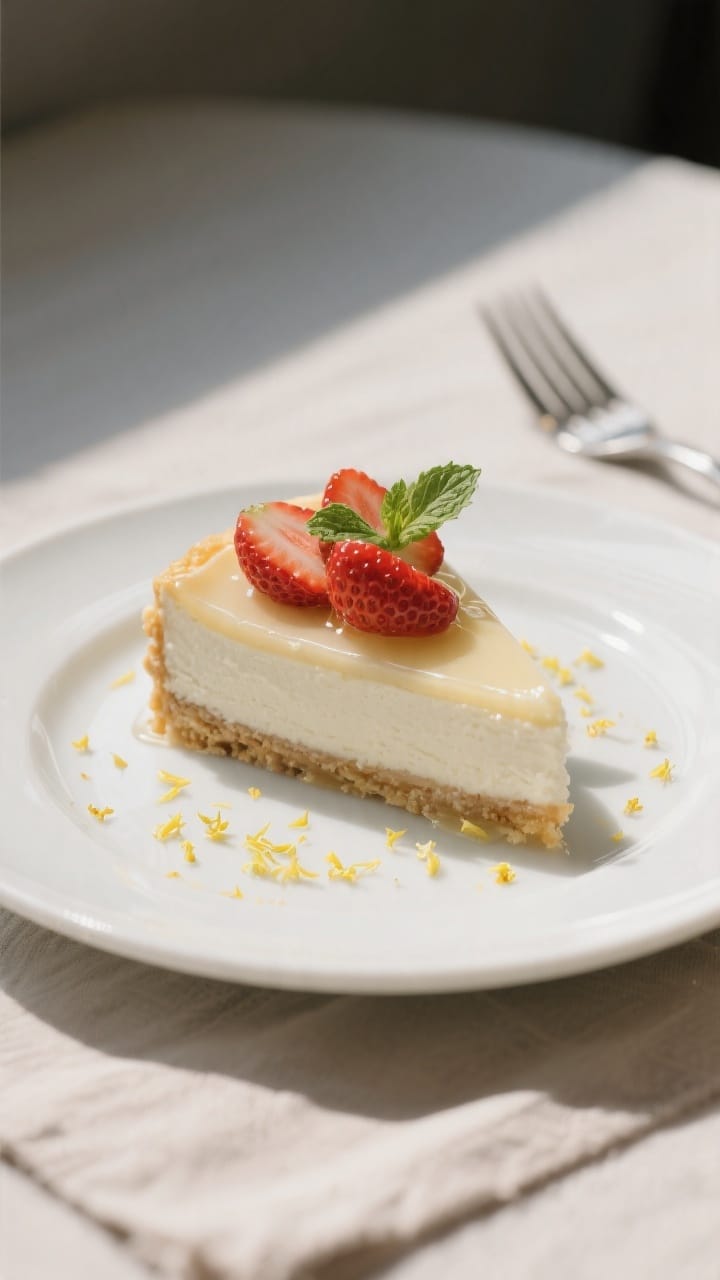 Final presentation: A beautifully plated dessert scene with one perfect slice of Vegan No-Bake Strawberry Lemon Cheesecake on a matte white plate