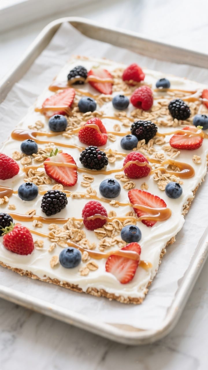 Overhead shot of the prepared frozen yogurt berry bark just before freezing