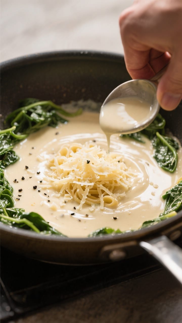 Sauce-making action shot: Silky light cream sauce in a sauté pan just after deglazing, with freshly