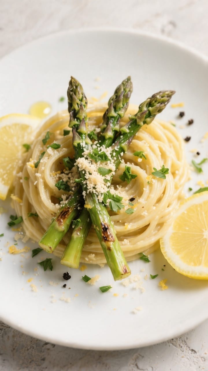 Tasty top view: Final plated vegan creamy lemon garlic pasta on a matte white plate, twirled into a 