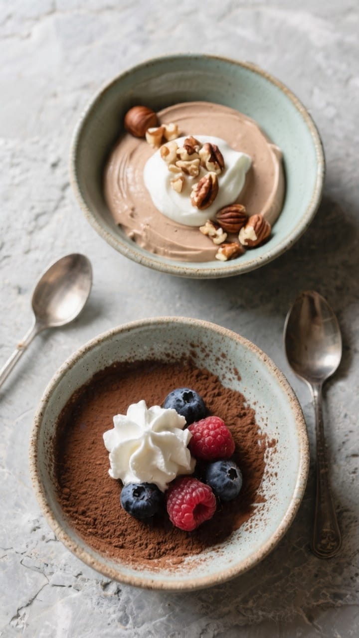 Tasty top view (flex option): Overhead shot of chilled mousse set in two ceramic bowls, one topped w