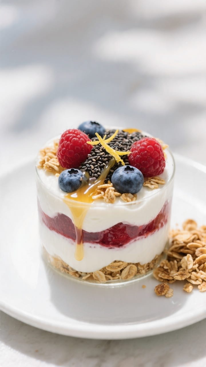 Tasty top view: Fully assembled Vegetarian Greek Yogurt Parfait from above, showcasing distinct, col