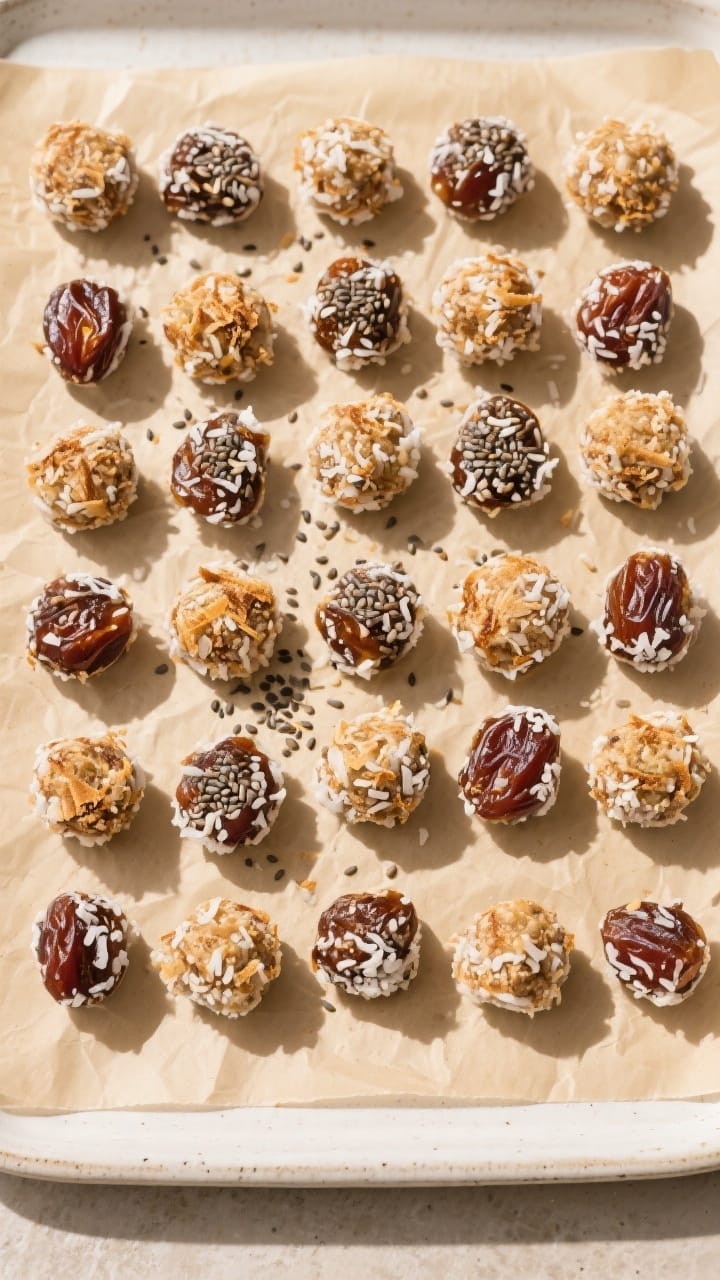 Tasty top view: Neatly arranged grid of 16–20 no-bake coconut date energy bites on parchment, each