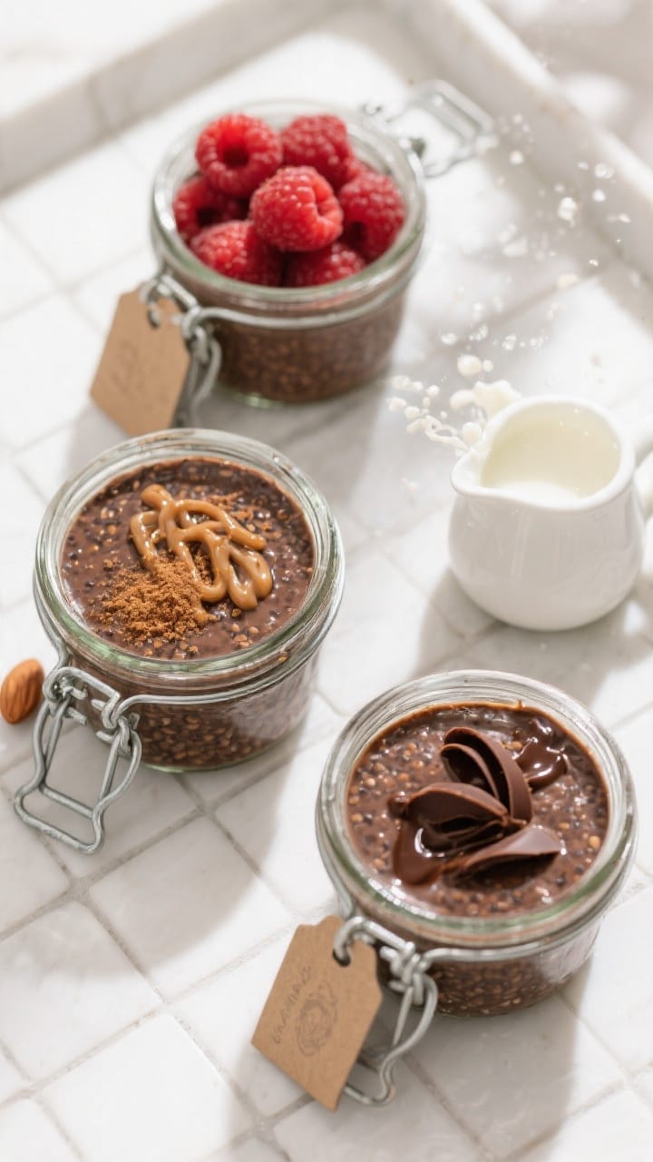 Tasty top view: Overhead meal-prep lineup of three small jars filled with creamy chocolate chia pudding