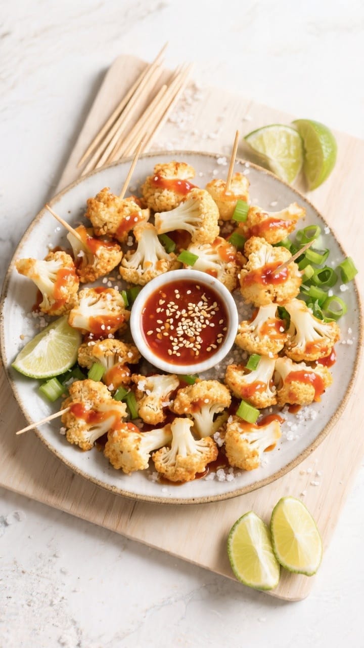 Tasty top view: Overhead party platter scene with sauced cauliflower bites arranged on a large ceram