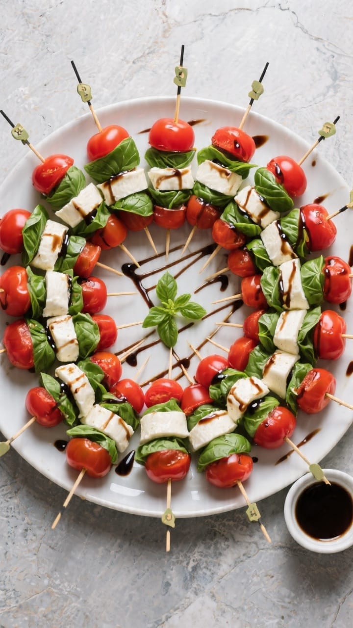 Tasty top view: Overhead shot of a large party platter filled with neatly arranged Caprese skewers i
