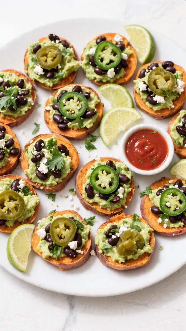 Tasty top view: Overhead shot of a party platter of Flexi Vegan Loaded Sweet Potato Rounds arranged