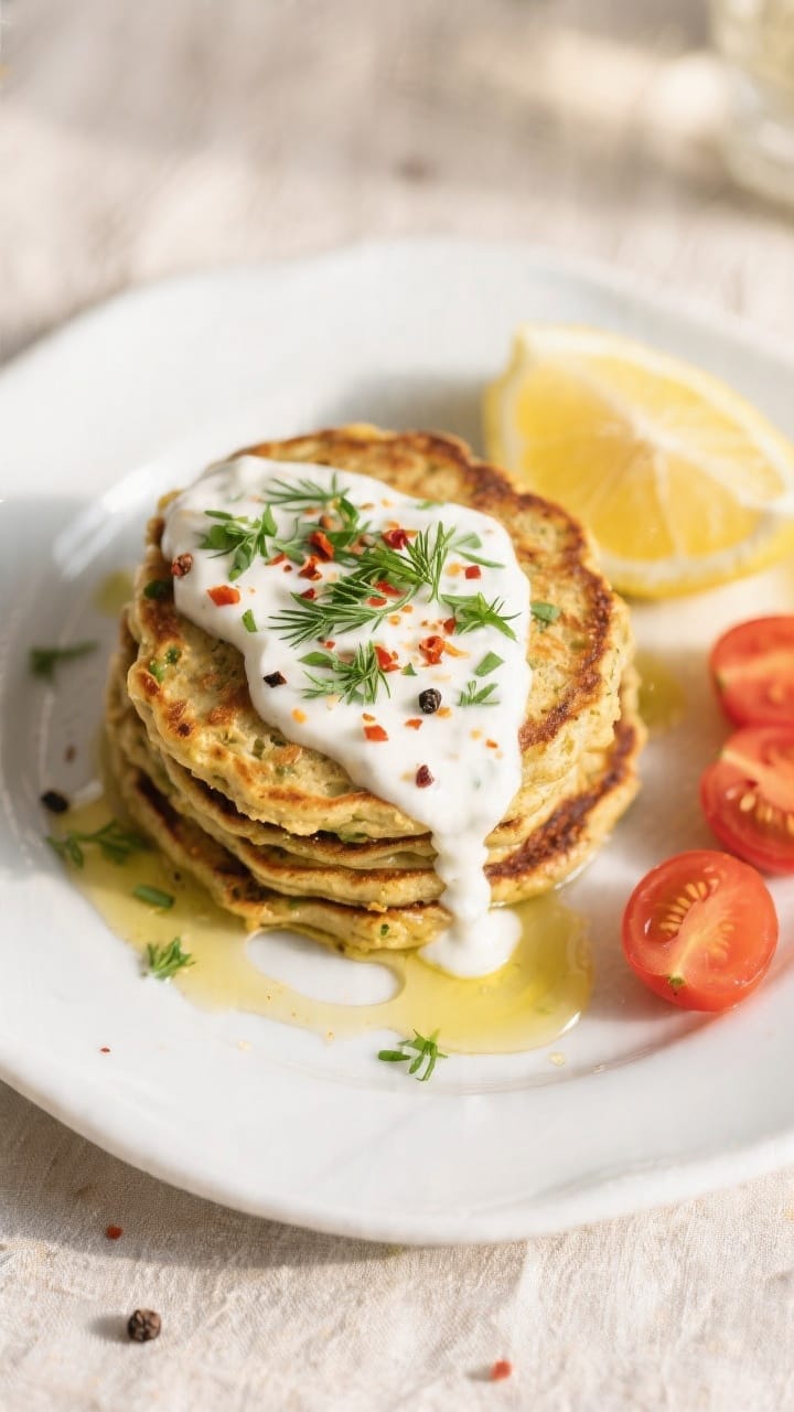 Tasty top view: Overhead shot of a small stack of savory chickpea flour pancakes on a matte white pl