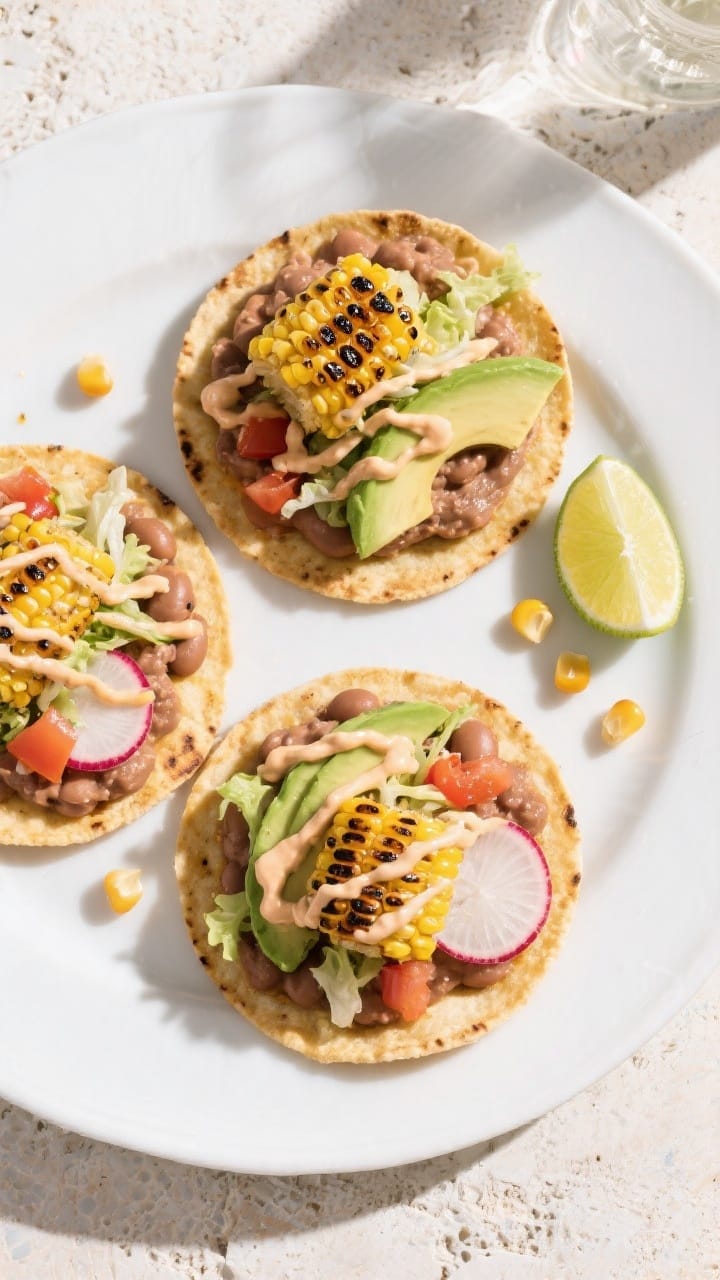 Tasty top view: Overhead shot of assembled charred corn tostadas on a wide white plate—each tostad
