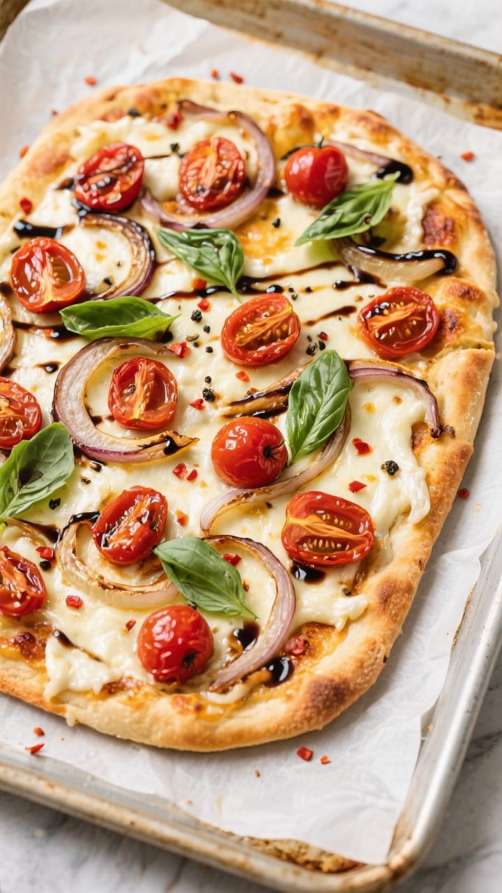 Tasty top view: Overhead shot of assembled, freshly baked balsamic burst cherry tomato flatbread on