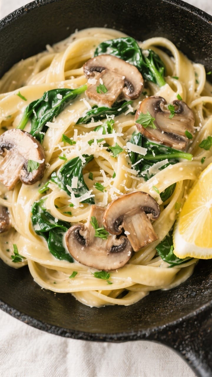 Tasty top-view: Overhead shot of creamy mushroom and spinach pasta (linguine) tossed to a glossy fin