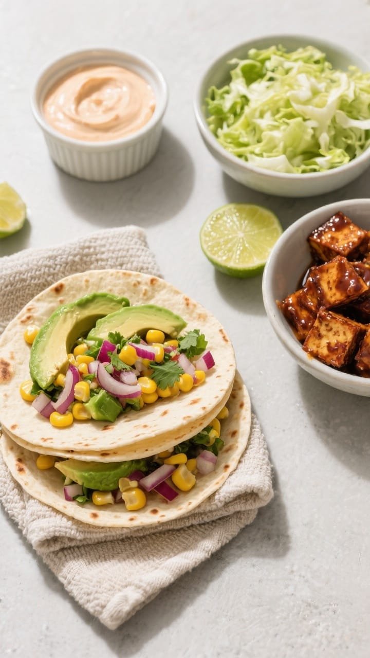 Tasty top view: Overhead shot of DIY taco assembly—stack of warm corn and flour tortillas wrapped