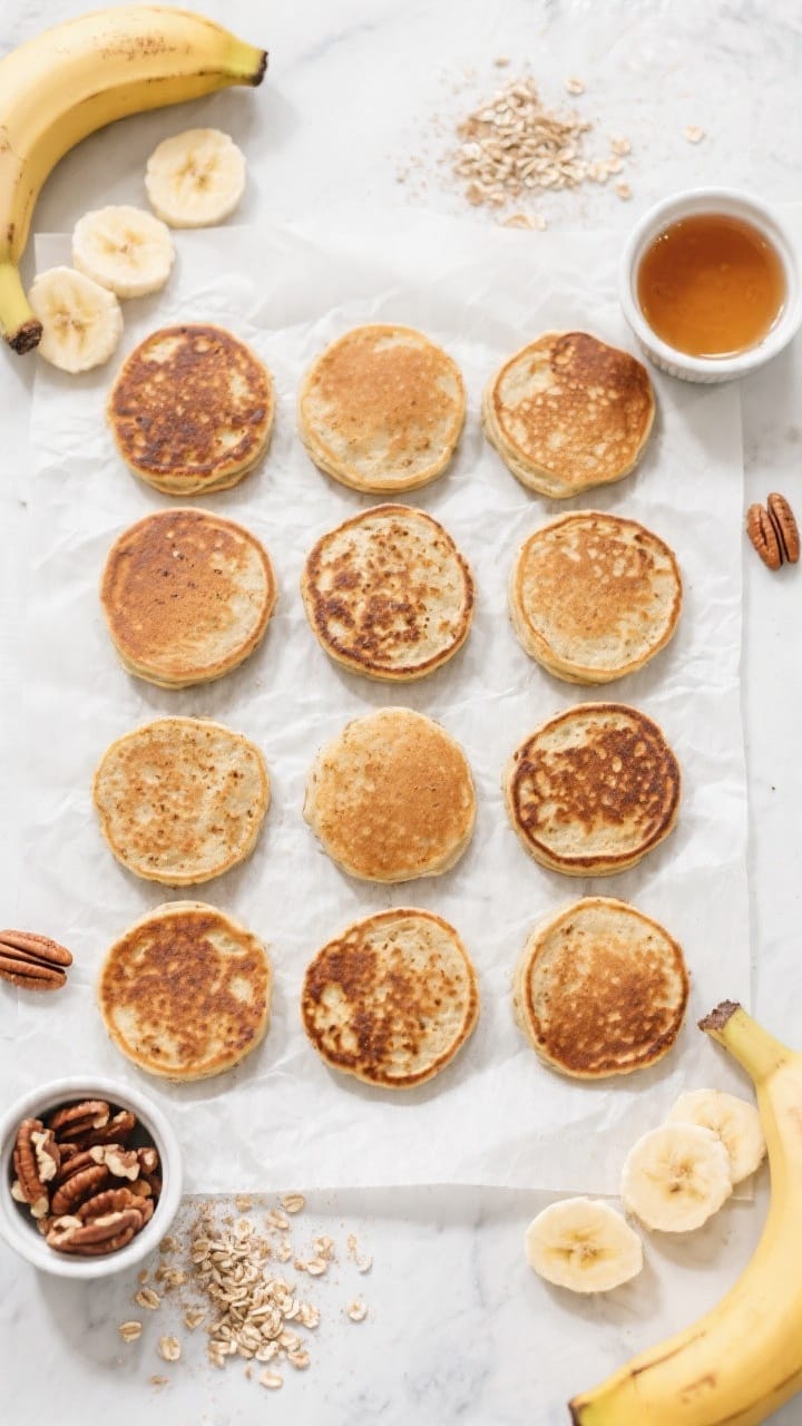 Tasty top view: Overhead shot of eight small vegan banana oat protein pancakes arranged in a neat gr