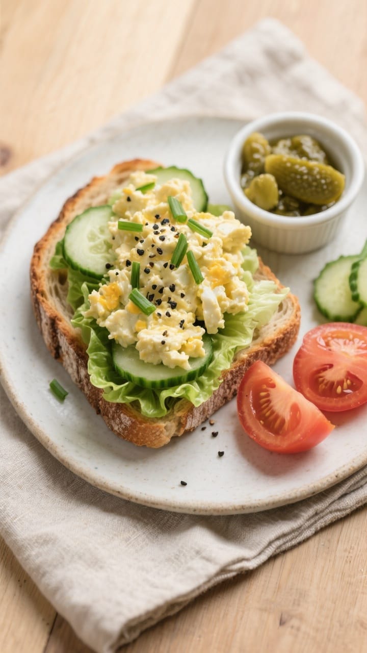 Tasty top view: Overhead shot of open-faced vegan egg salad on toasted sourdough, layered over crisp