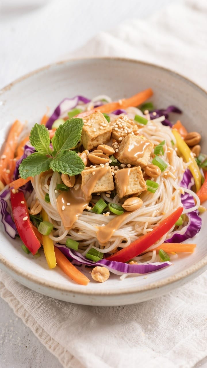 Tasty top view: Overhead shot of peanut noodle salad fully assembled—vermicelli entwined with purp
