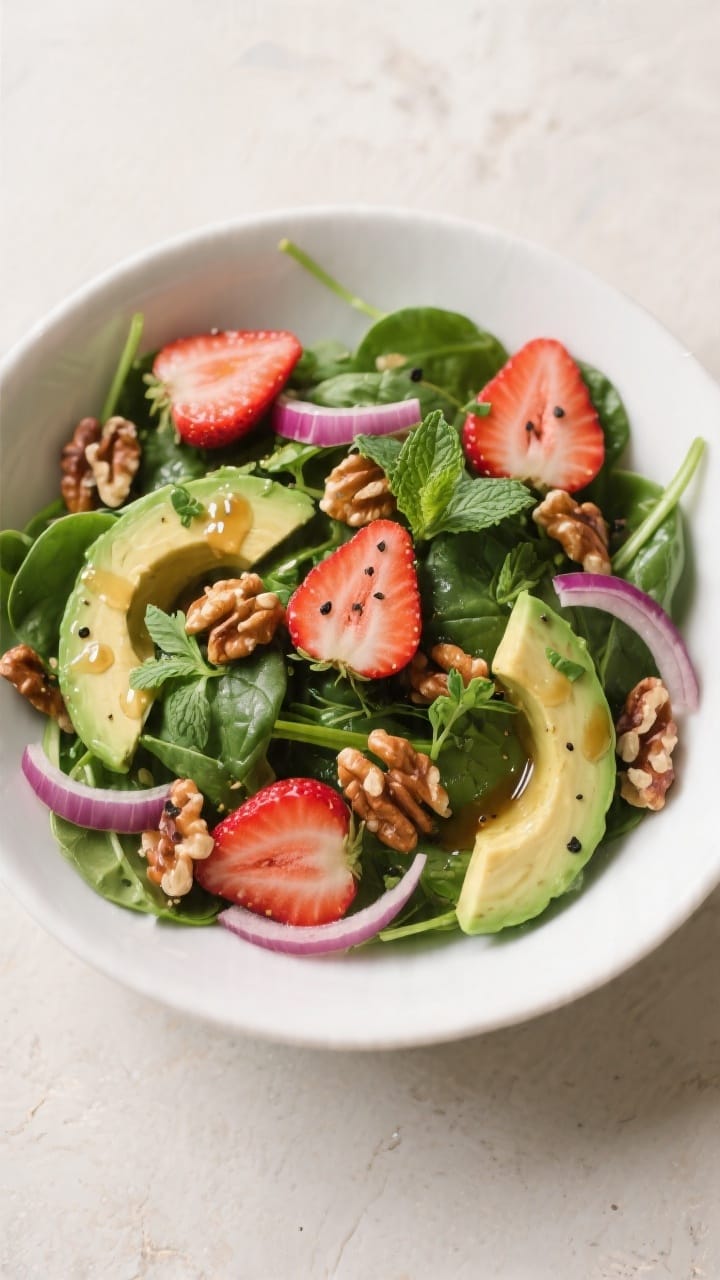 Tasty top view: Overhead shot of the assembled Vegan Strawberry Avocado Spinach Salad in a wide, sha