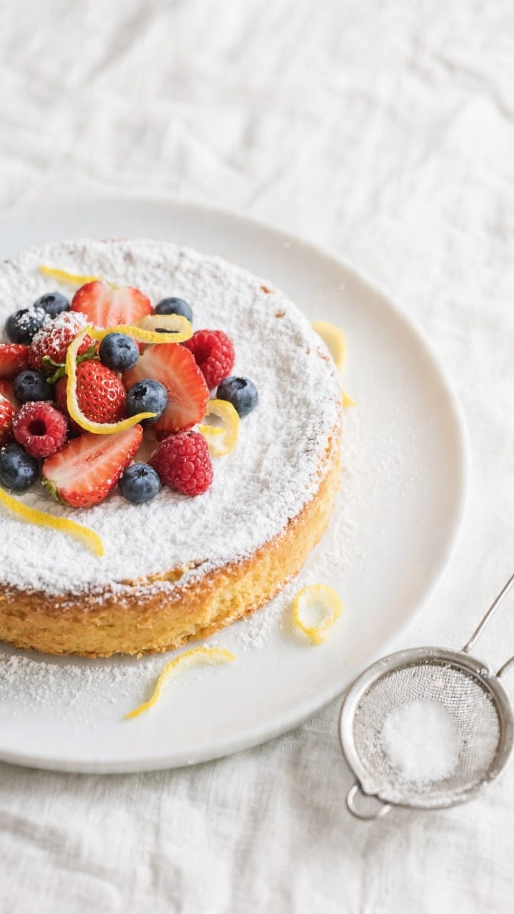 Tasty top view: Overhead shot of the cooled lemon ricotta cake released from the pan, evenly dusted