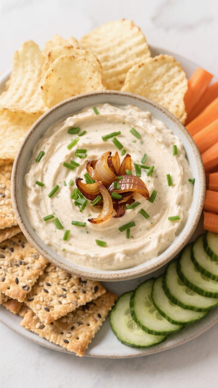 Tasty top view: Overhead shot of the final dairy-free French onion dip in a low, wide ceramic bowl,