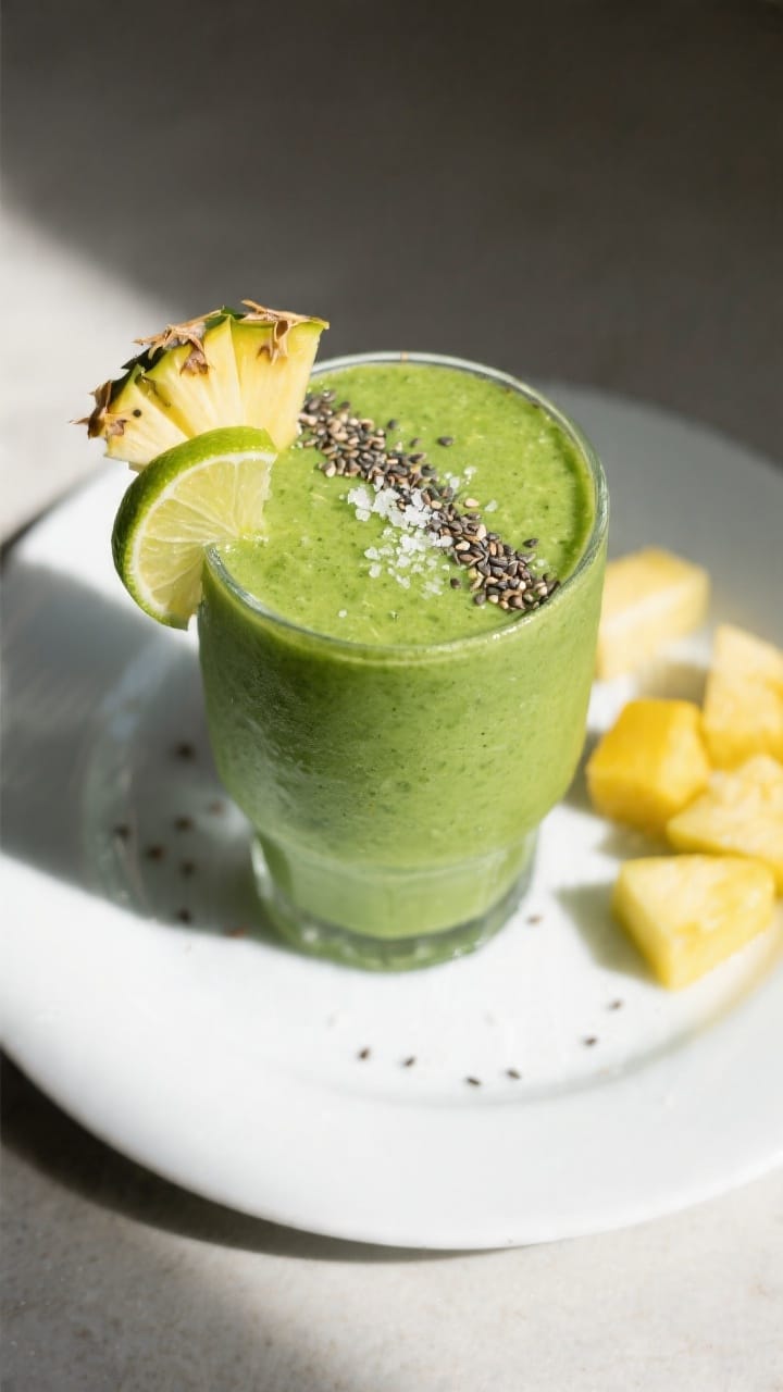 Tasty top view: overhead shot of the finished Flexi Vegan Green Smoothie in a wide tumbler, topped w
