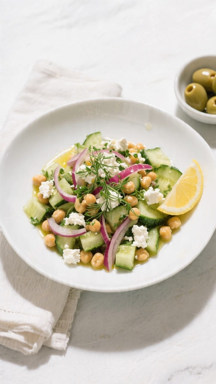Tasty top view: Overhead shot of the finished Mediterranean chickpea and cucumber salad in a wide, l