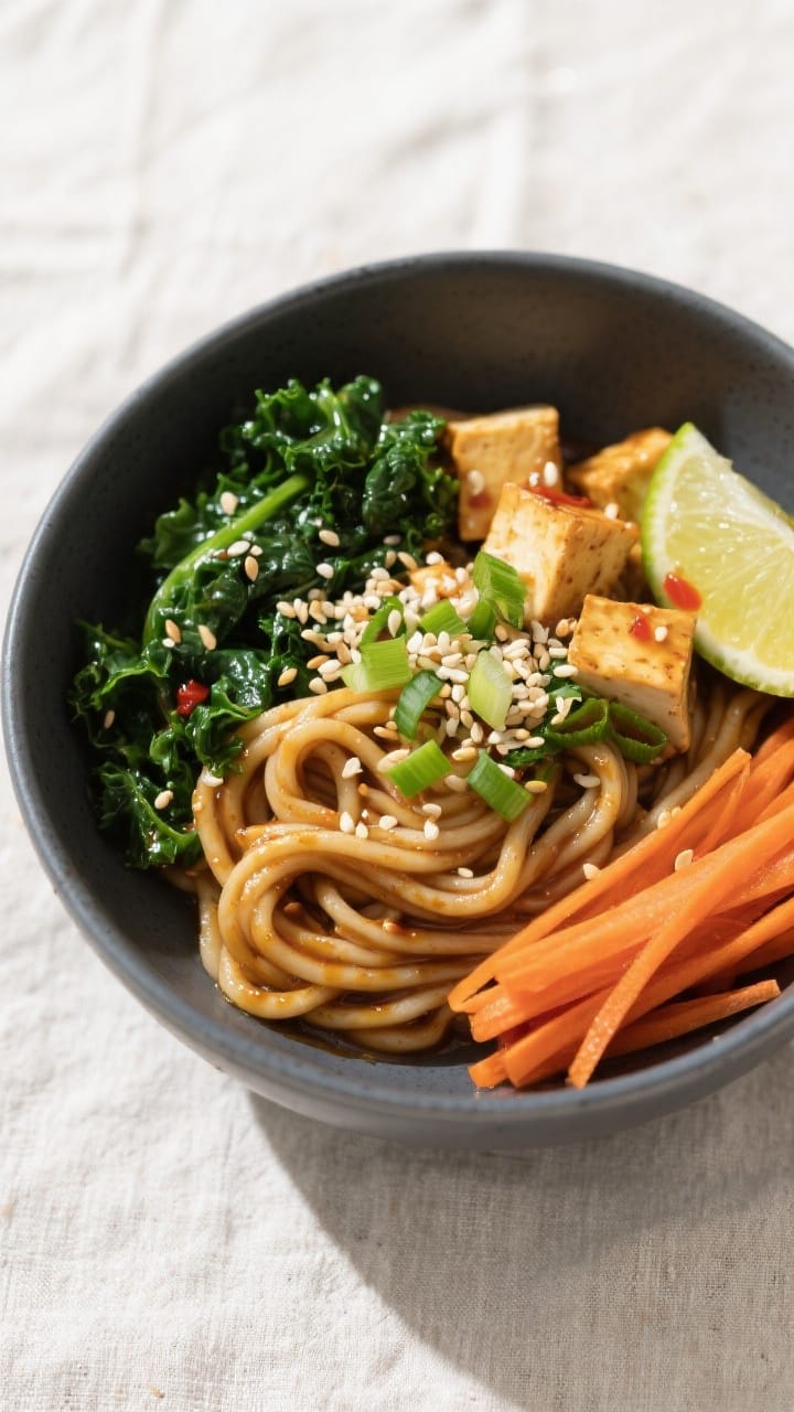 Tasty top view: Overhead shot of the finished udon noodle bowl, noodles coiled with even sheen of sa