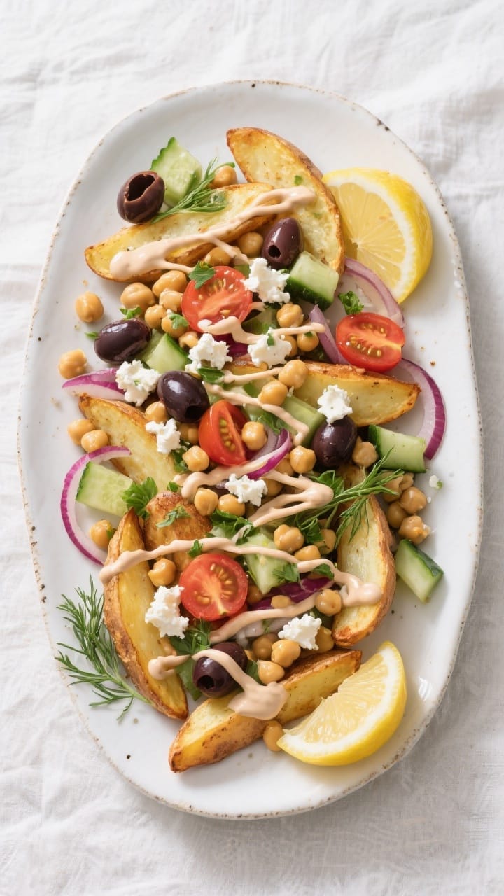 Tasty top view: Overhead shot of the fully loaded Greek potato wedges on a wide, rustic white platte