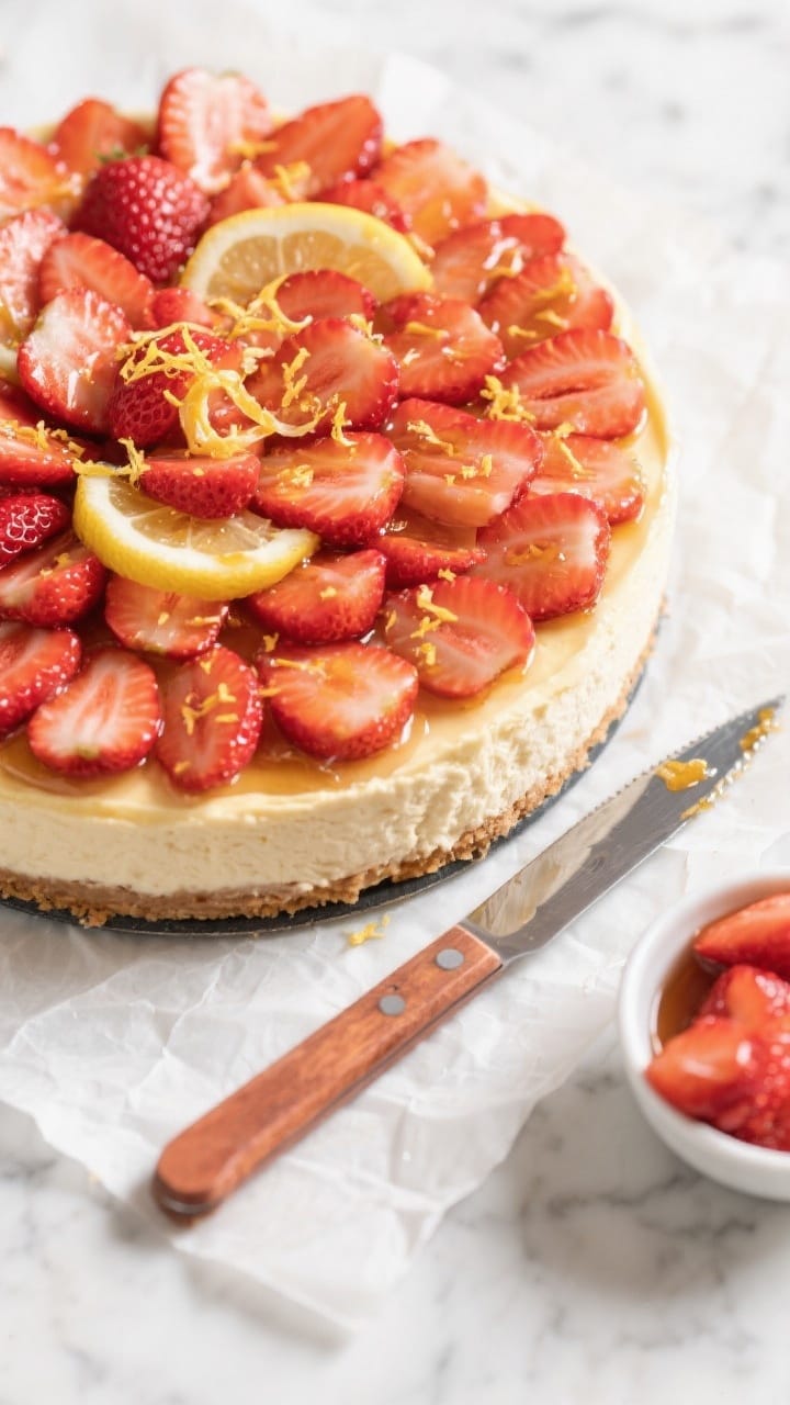 Tasty top view: Overhead shot of the fully set cheesecake on a parchment-lined springform base, topp