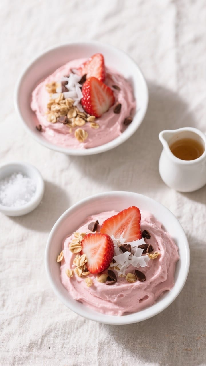 Tasty top view: Overhead shot of two bowls of strawberry banana nice cream, thick and scoopable, top