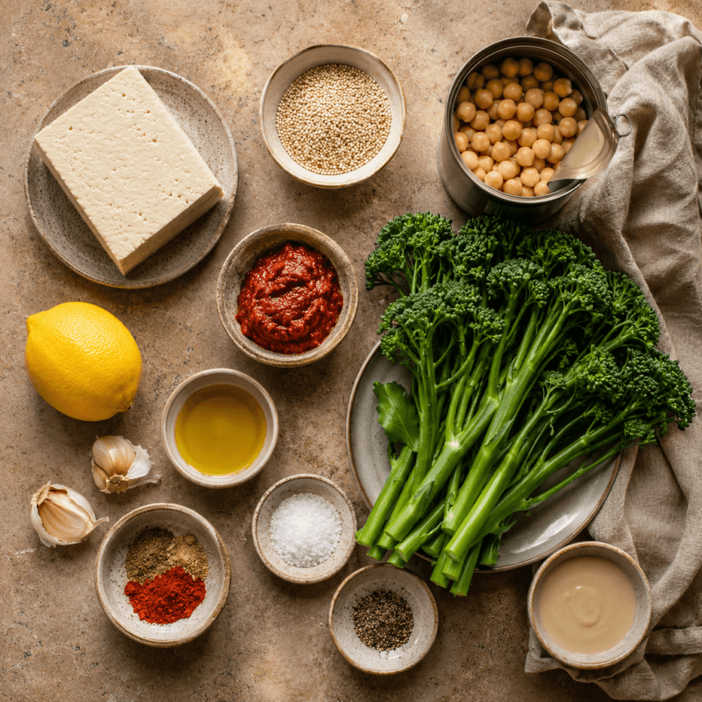 Ingredient flat lay on a warm stone surface featuring tofu block, dry quinoa in a small bowl, canned chickpeas, broccolini bunch, harissa paste, olive oil, lemon, garlic, spices, salt, pepper, optional tahini, small ceramic ramekins, linen towel, cohesive warm neutrals with pops of brick red and green, editorial food photography,