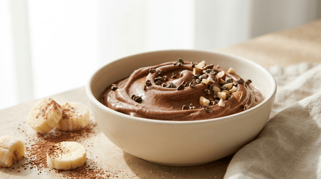 Choco-Banana Bliss Bowl: Lush, dairy-free smoothie bowl with crunchy cacao nibs—ideal for healthy sweet cravings. Save this idea so you can come back to it later.