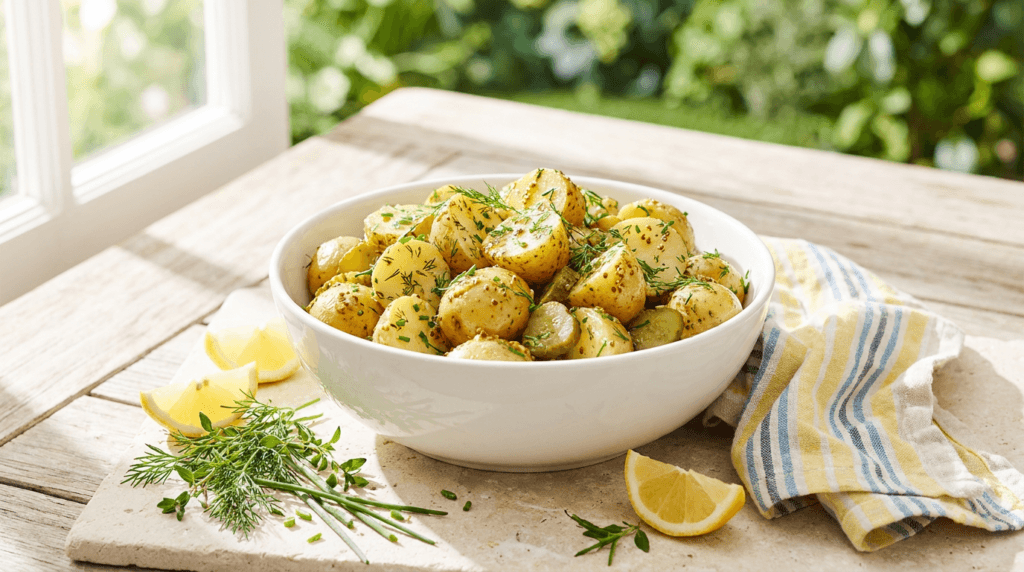 A vibrant summer table featuring easy potato salad recipes, a large bowl of potato salad as the centerpiece, tender golden potatoes with fresh dill and chives, a few visible pickle slices and mustardy dressing sheen, lemon wedges and herb sprigs