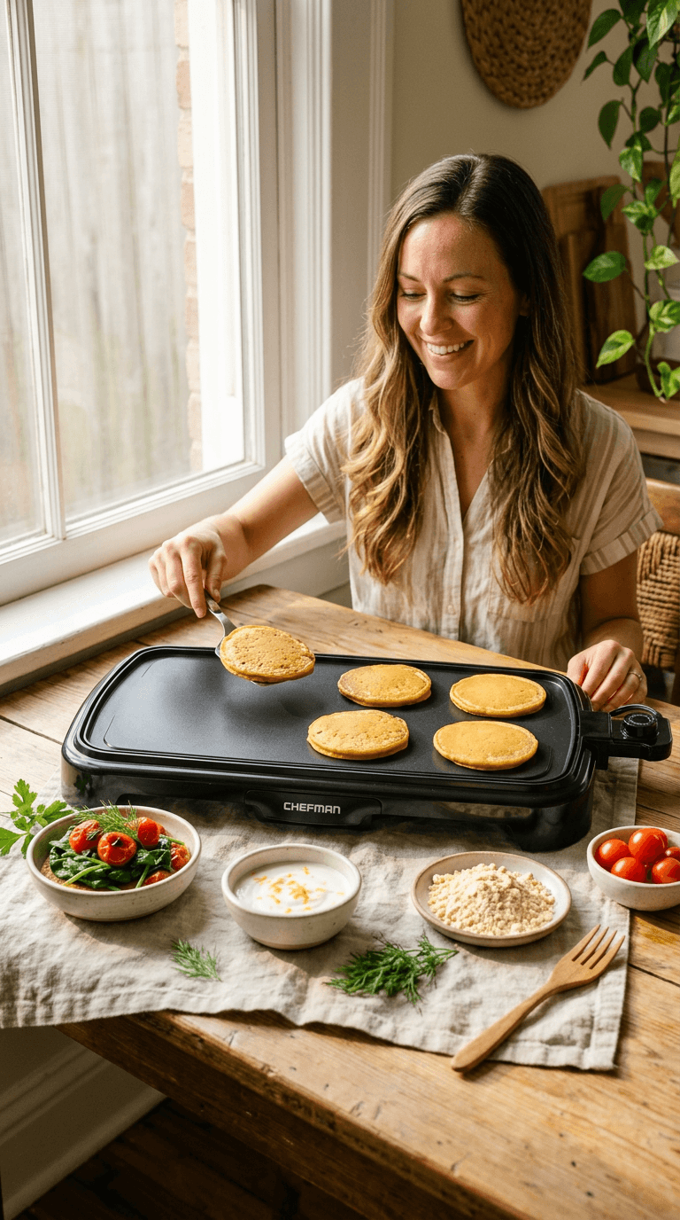Chefman XL Electric Griddle used for cooking pancakes