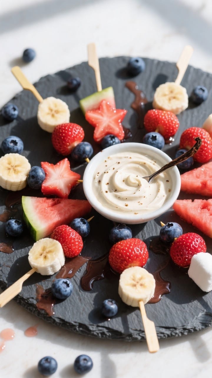 45-degree angle shot of Firecracker Fruit Skewers arranged fan-like on a slate platter with a small bowl of cloudy vanilla vegan dip: skewers threaded with hulled strawberry halves, watermelon cut into star shapes, plump blueberries, and banana rounds (or mini vegan marshmallows as an alternate on a few skewers). The vanilla dip looks airy and spoonable, with vanilla bean specks and a gentle swirl on top. Drips of fruit juice on the slate, scattered extra blueberries and watermelon stars, patriotic red-white-blue color palette, soft window light, shallow depth of field emphasizing the glossy fruit.